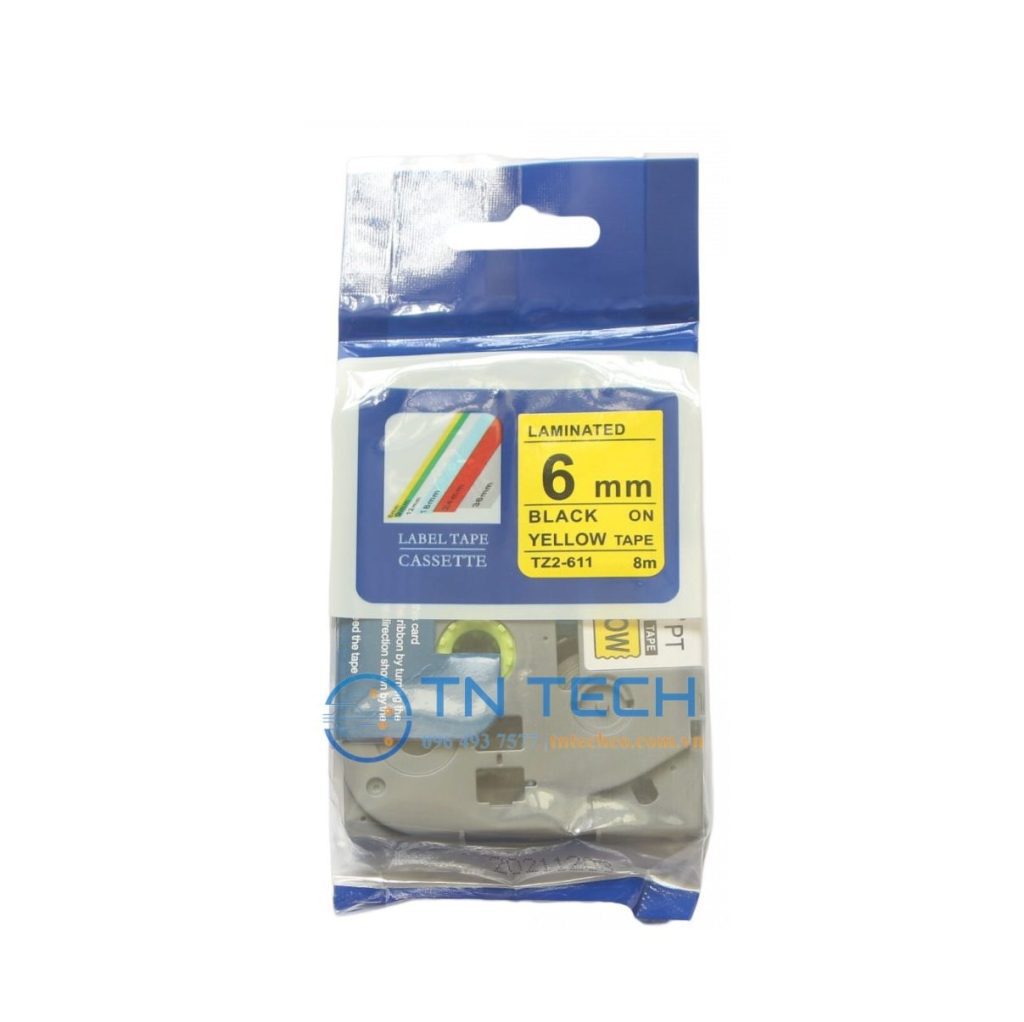 NHÃN IN TZ2-611 CHỮ ĐEN NỀN VÀNG 6MM X 8M 2 brother-nhan-in-tz2-611-6mm