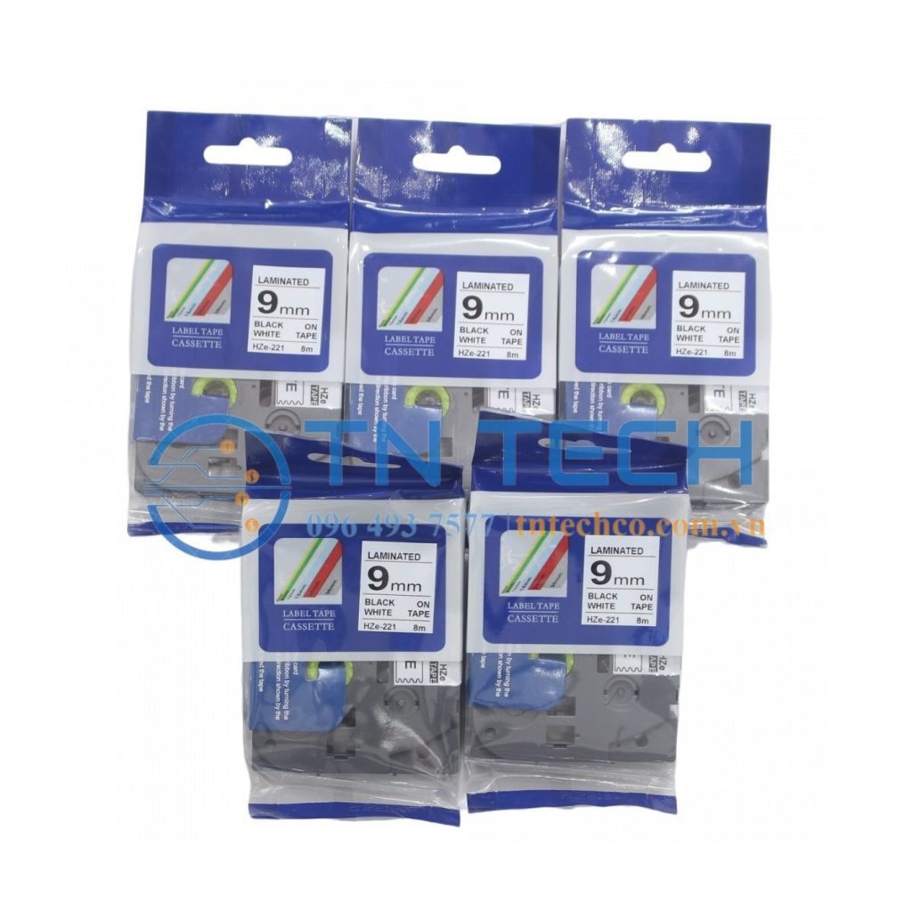 NHÃN IN HZE-221 CHỮ ĐEN NỀN TRẮNG 9MM X 8M 4 nhan-in-tuong-thich-brother-hze-221-tran-nguyen
