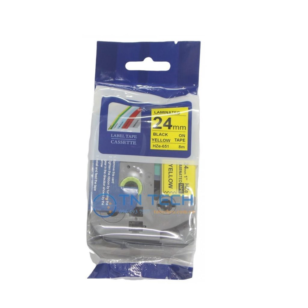 NHÃN IN HZE-651 CHỮ ĐEN NỀN VÀNG 24MM X 8M 2 nhan-in-hze-651-brother-tntechco