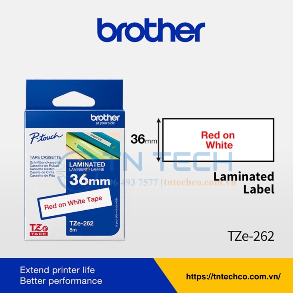NHÃN IN BROTHER TZE-262 CHỮ ĐỎ NỀN TRẮNG 36MM X 8M 3 nhan-in-brother-tze-262-tntechco