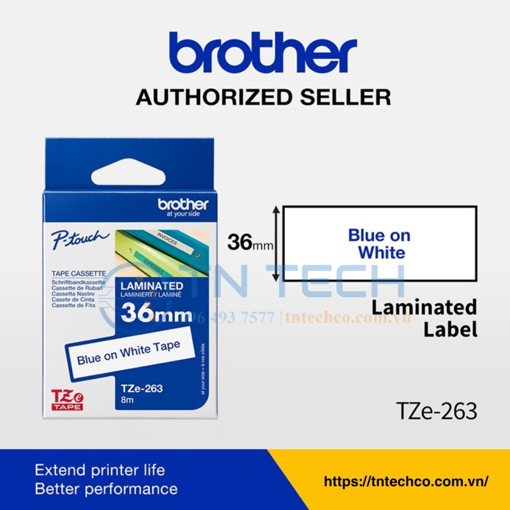 NHÃN IN BROTHER TZE-263 CHỮ DƯƠNG NỀN TRẮNG 36MM X 8M 3 nhan-in-brother-tze-263-tntechco