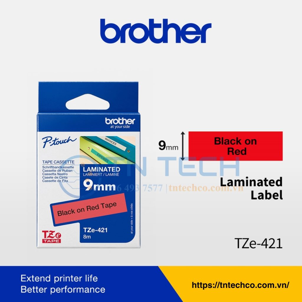 NHÃN IN BROTHER TZE-421 CHỮ ĐEN NỀN ĐỎ 9MM X 8M 3 nhan-in-brother-tze-421-tntechco
