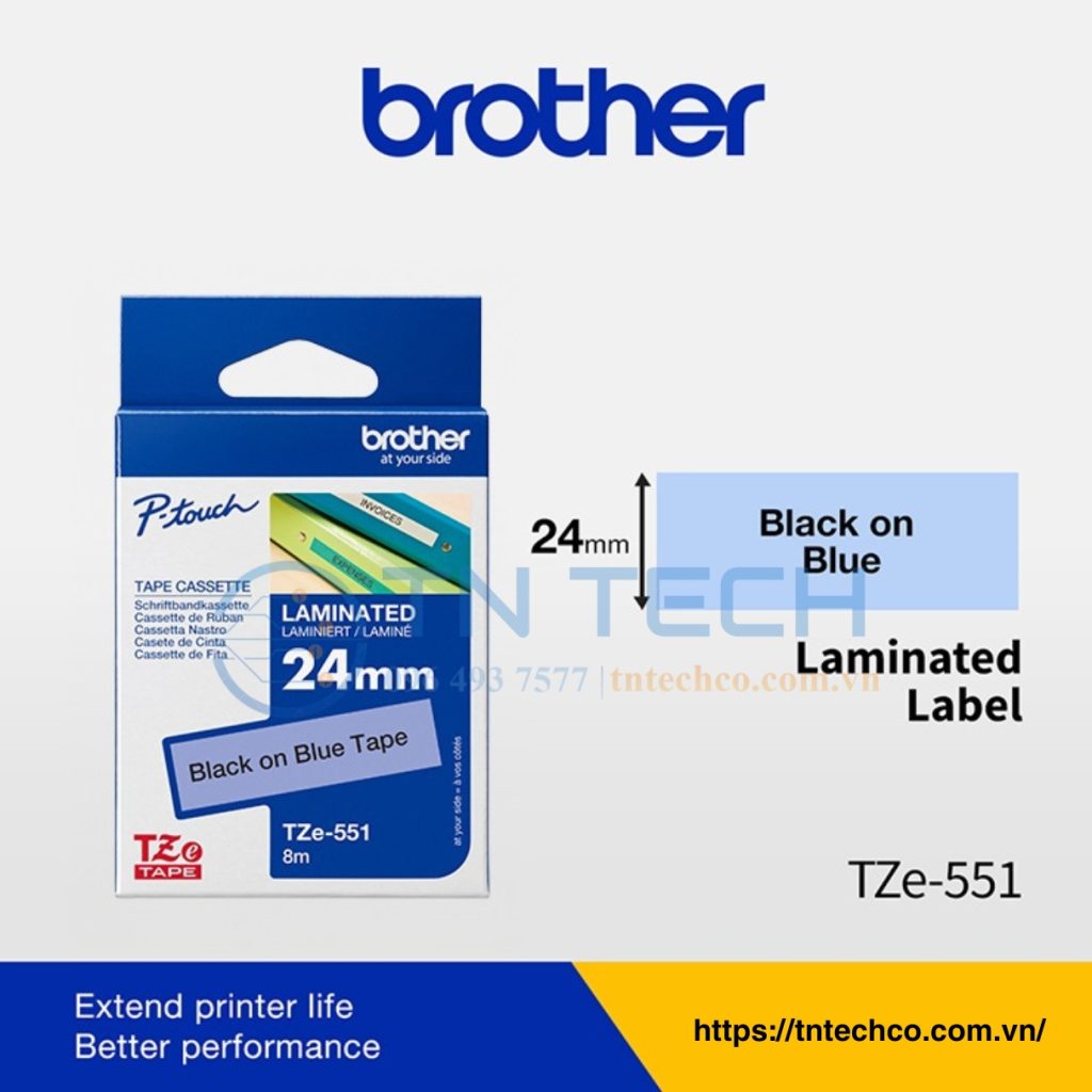 NHÃN IN BROTHER TZE-551 CHỮ ĐEN NỀN XANH DƯƠNG 24MM X 8M 3 nhan-in-brother-tze-551-tntechco