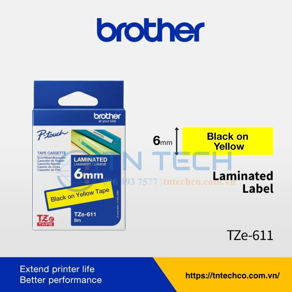 NHÃN IN BROTHER TZE-611 CHỮ ĐEN NỀN VÀNG 6MM X 8M 3 nhan-in-brother-tze-611-tntechco