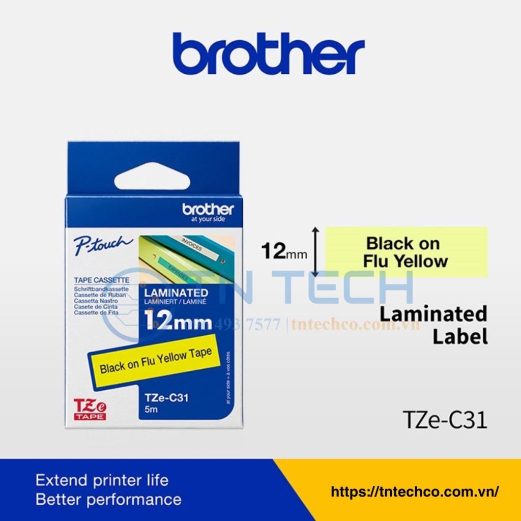 NHÃN IN BROTHER TZE-C31 CHỮ ĐEN NỀN VÀNG DẠ QUANG 12MM X 8M 3 nhan-in-brother-tze-c31-tntechco