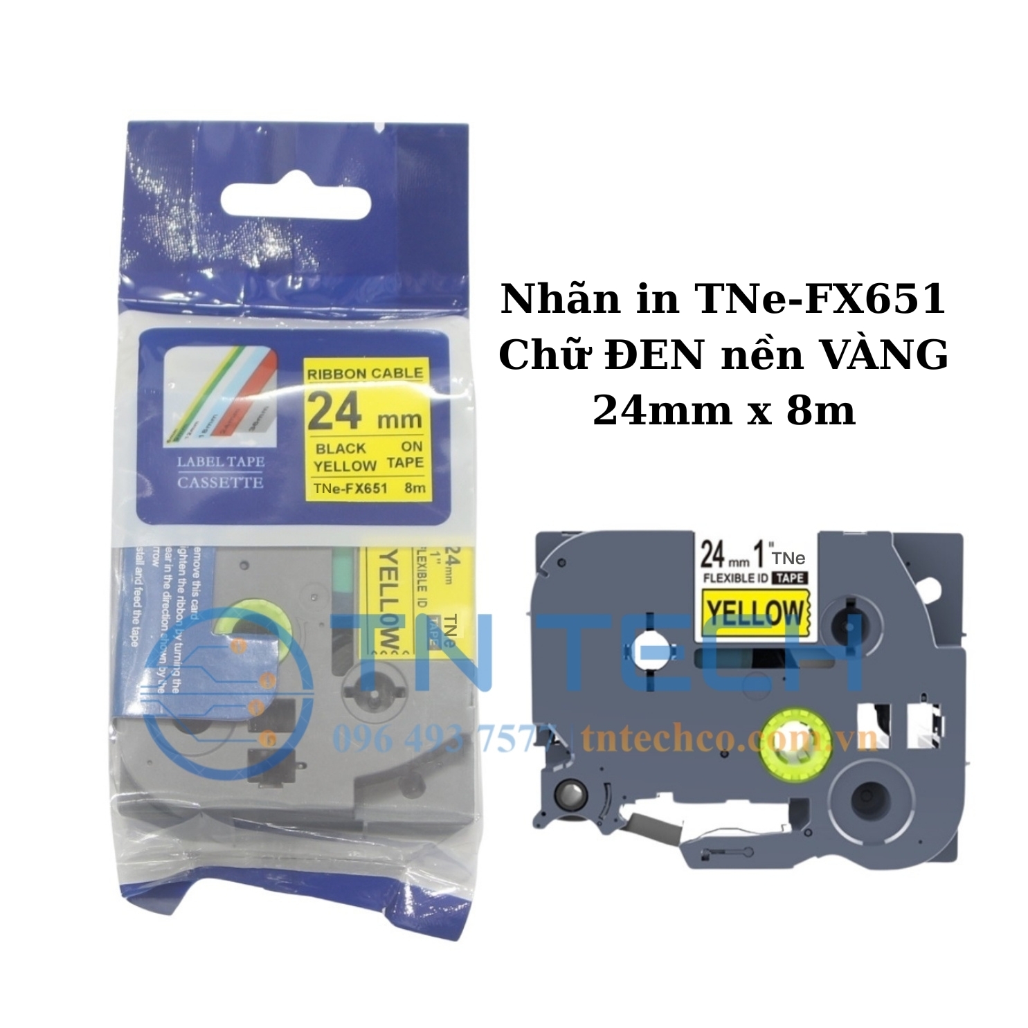 NHÃN IN TNE-FX651 (TZE-FX651) CHỮ ĐEN NỀN VÀNG 24MM X 8M 1 nhan-in-tne-fx651-brother-tntechco